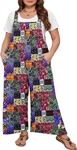AusLook Plus Size Women’s Adjustable Straps Jumpsuits Casual Loose Wide Leg Overalls with Pockets
