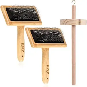 Rtteri 2 Pcs Wooden Drop Spindle and Wool Carder Set Hand Carders Spinning Slicker Wool Brush Needle Felting Tools for Yarn Weaving Blending Roving Craft Project Kit Supplies Pet Grooming