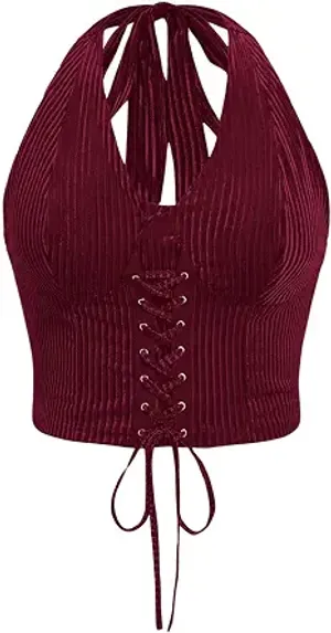 WDIRARA Women’s Plus Size Lace Up Clubwear Halter Cami Tops | Solid Slim Fit, Going Out, Sexy Crop Tank, Tie