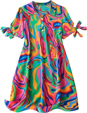 WDIRARA Women’s Plus Size Printed V Neck Knot Cuff Short Sleeve Dress Casual Button Front Dresses